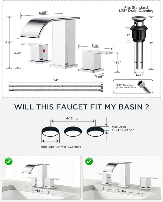 FORIOUS Bathroom Faucets 3 Hole, Waterfall Square 8 Inch Widespread Chrome Bathroom Sink Faucet with Metal Pop-up Drain and Supply Lines, Two Handles for Vanity, RV, Farmhouse