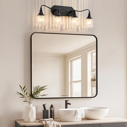 LmnLvn Bathroom Vanity Black Vintage Light Fixture, 4 Lights Bathroom Lighting Matte Antique Brass Finish with Crystal Glass Shade, Black Vintage Vanity Light for Bathroom‘s