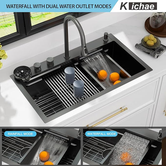 Kichae 33 Black Kitchen Sink Drop In Waterfall - 33x19 Drop Sink Stainless Steel 16G Single Bowl Waterfall Kitchen Sinks Workstation Handmade with Faucet & Glass Rinser
