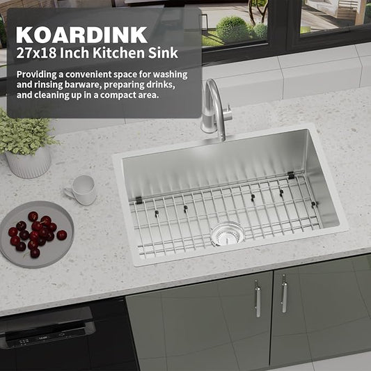 Stainless Steel Drop In Kitchen Sink - 27x18 Inch Modern Undermount Single Bowl - SS Grid, Spoon Rest, Drain Strainer Set