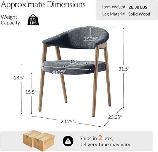 HULALA HOME Mid-Century Modern Dining Chairs Set of 4, Wooden Upholstered Kitchen Chairs with Armrest, Curved Backtrst & Wood Legs Armchairs Accent Chairs for Dining Living Room - Navy