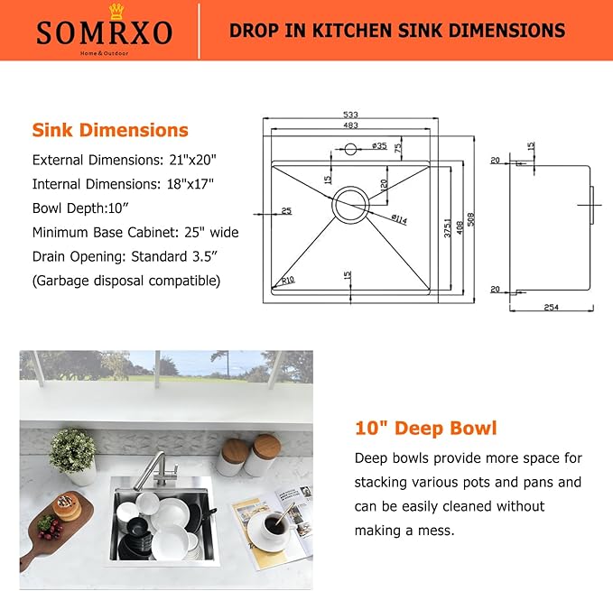 21x20 Inch Drop In Bar Sink - 16 Gauge Stainless Steel Small Kitchen Sink, 10" Deep Single Bowl Workstation Sinks with Accessories for RV, Outdoor Kitchen & Wet Bar