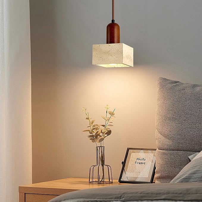 Japanese Wabi sabi Pendant Light with Natural Stone Shade, Dimmable Modern Wood Hanging Lamp Fixture, Adjustable Height Pendant Lamp for Bedroom, Kitchen Island, Dining Room, Restaurant, Cafe, Bar (K)