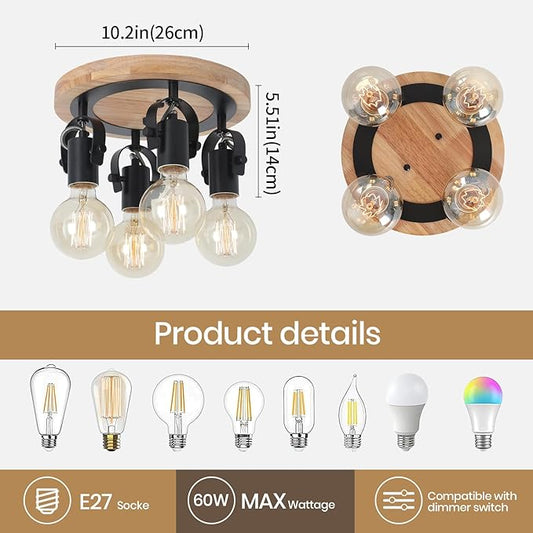 SEEBLEN 4-Light Round Flush Mount Ceiling Light,Adjustable Farmhouse Kitchen Track Light with Wood Base, Multi-Directional Dining Room Light for Island Hallway Entryway Bedroom.