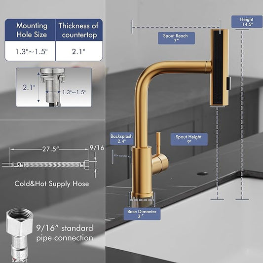 GIMILI Brushed Gold Kitchen Faucet with Pull Down Sprayer, Waterfall 15“ High Single Handle Kitchen Sink Faucets