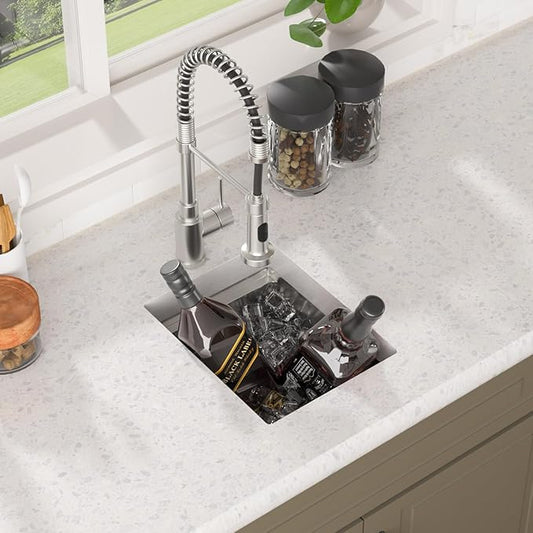 Lordear 12 Inch Undermount Bar Sink Workstation 16 Gauge T304 12 x 15 Stainless Steel Bar Kitchen Prep Single Bowl Small Kitchen Sink with Cutting Board