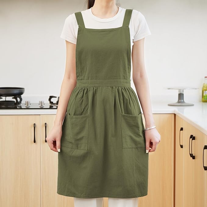 Pinknoke Cotton Linen Pinafore Apron Dress for Women with Pockets Cute Art Chef Aprons for Kitchen Baking Gardening Painting