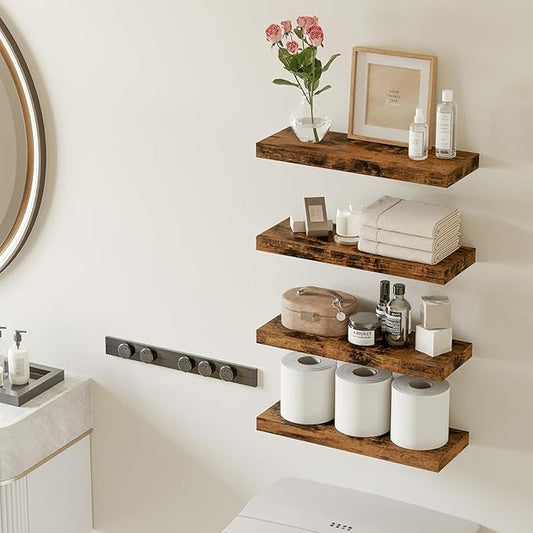 Fixwal Wood Floating Shelves, Wall Shelves Set of 4, Shelves for Wall Decor, with Invisible Brackets for Bathroom, Living Room,Bedroom and Kitchen(Rustic Brown) | Wall Shelves, for Bathroom, Living Room, Bedroom, Kitchen