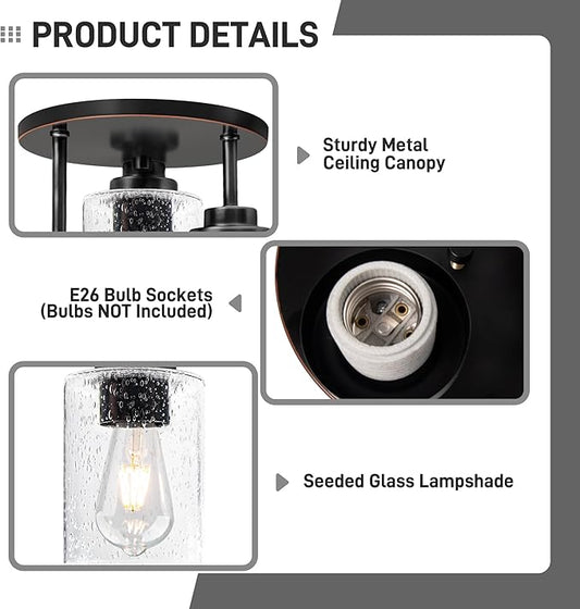 hykolity 3-Light Semi Flush Mount Ceiling Light, 9 Inch Oil Rubbed Bronze Close to Ceiling Light Fixtures with Seeded Glass Shades, Modern Ceiling Lighting for Kitchen, Bedroom, Entryway, ETL Listed