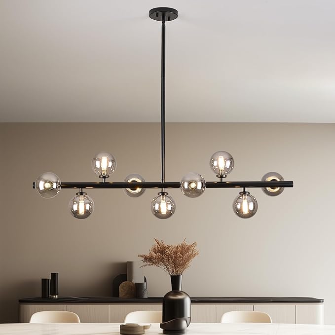Mid Century Modern Globe Sputnik Chandelier, 9-Light Linear Chandeliers for Dining Room and Kitchen Island, Dining Light Fixture Over Table, Black and Smoke Grey Glass Bubble, 40 Inch