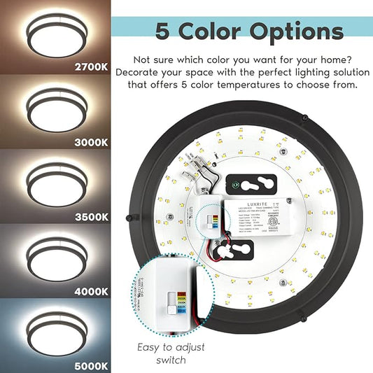 LUXRITE 10 Inch LED Flush Mount Ceiling Light, 5 Color Selectable 2700K | 3000K | 3500K | 4000K | 5000K, Dimmable, Modern Ceiling Light Fixture, 14W, 1050 Lumens, Energy Star, ETL Listed, Matte Black