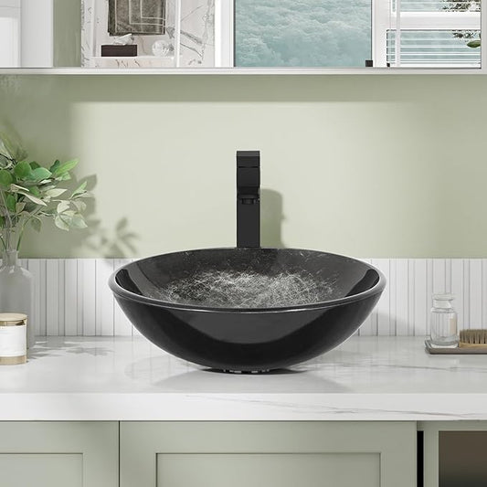 Bathroom Artistic Vessel Sink, Tempered Glass Vanity Round Bowl with Oil Rubber Bronze Faucet and Pop up drain Set, Black