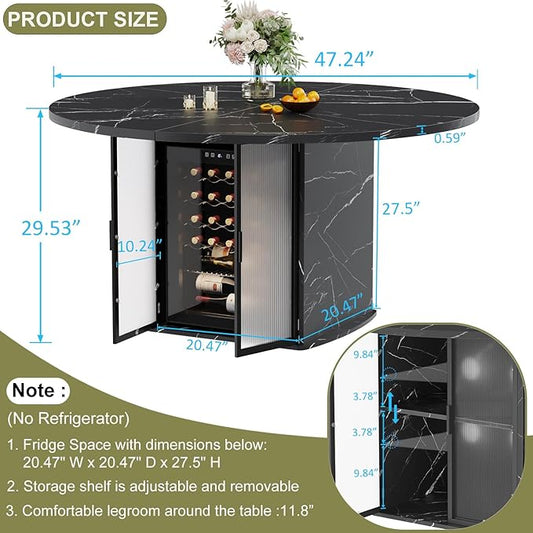 IBF Round Dining Table with Storage, Black Faux Marble Kitchen Tables for 4-6 People, 47" Modern Dining Room Tables with Fridge Space, Wood Circle Dinner Table for Home, Black Marble, Only Table