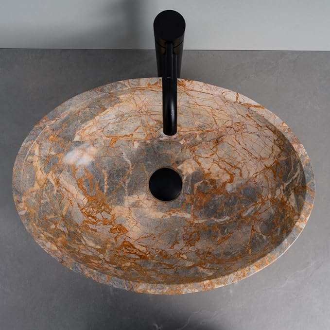 Oval-Shaped Golden - Gray Marble Vessel Sink for Bathroom – 19" × 15" × 6"