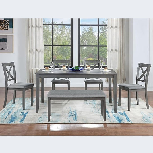 6-Piece Kitchen Dining Set, Rectangular Wooden Dining Table with 4 Upholstered Chairs and 1 Bench, Modern Dining Table Set for 6 People for Dining Room, Home Bar and Kitchen, Gray
