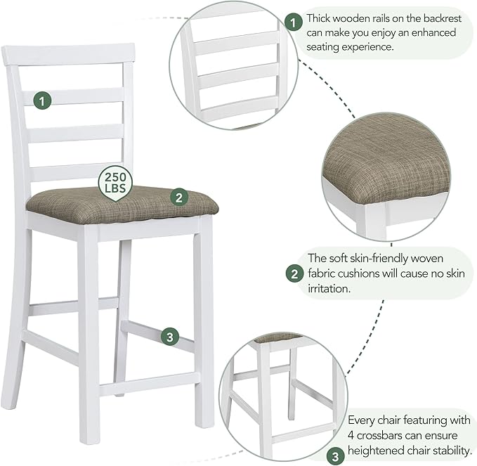 LUMISOL 5 Piece Counter Height Dining Table Set, Solid Wood Kitchen Table Set with 4 Upholstered Chairs, Multi-Functional Table with Bar Wine Compartment and Wineglass Holders, Brown+White
