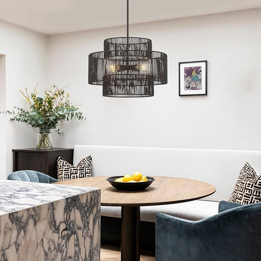 24” Boho Hand Woven Rattan Chandelier 3 Round Adjustable 4-Light Large Pendant Light for Kitchen Island Dining Room Living Room Hallway, Black, UL Listed