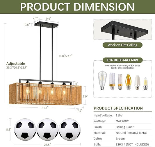 4-Light Rattan Chandeliers for Dining Room, Boho Chandelier 32 Inch Rattan Light Fixture Farmhouse Linear Lighting Wicker Rectangular Chandelier for Kitchen Island Bar