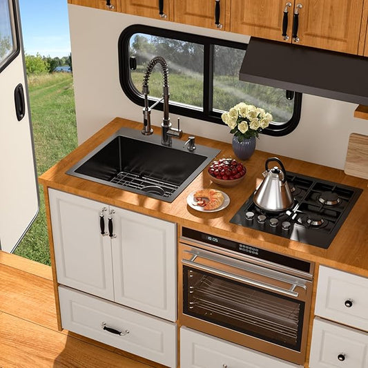 21 Inch Drop In RV Bar Sink - Beslend 21x20x9 Gunmetal Black Topmount Sink for RV Camper, Outdoor Kitchen Sink Black Stainless Steel Wet Bar with Roll-up Rack, Drain Assembly & Rinse Grid