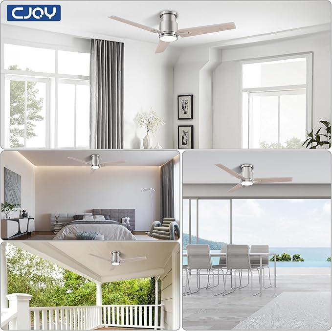 CJOY Ceiling Fan with Lights, 52 Inch Low Profile Ceiling Fans with Light and Remote, Reversible DC, Flush Mount, 3CCT,Dimmable, Modern Indoor/Outdoor Design for Bedroom, Living Room, Patio, Kitchen