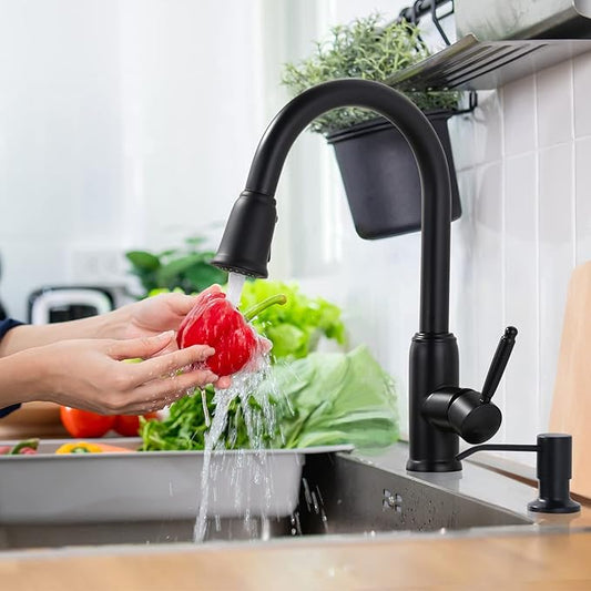 Black Kitchen Faucet with Soap Dispenser, WOWOW Stainless Steel Kitchen Faucet for Sink 2 or 4 Hole, High Arc Vintage Kitchen Sink Faucet with Pull Down Sprayer and Deck Plate