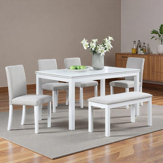 Dining Table Set for 6, 6 Piece Wooden Dining Table Set, Kitchen Furniture with Rectangular Crystal Decoration Dining Table, 4 Upholstered Chairs & Bench, Space-Efficient for Apartment, White