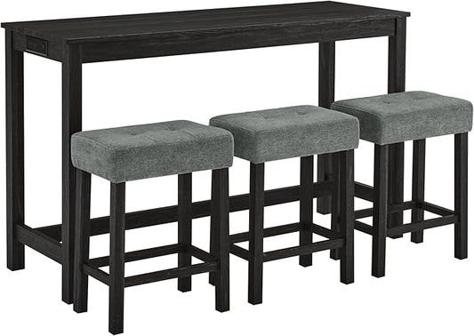 LKTART Kitchen Bar Table and Chairs Set, 4 Piece Bar Height Dining Table Set with Power Outlet and 3 Upholstered Stools Industrial Breakfast Nook, Small Space Living Room, Black