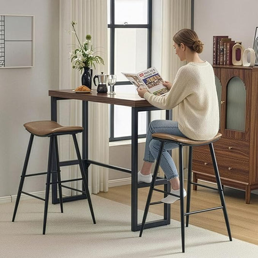 Bar Table and Chairs Set for 2, 47.2" Counter Height Bar Table with 2 PU Curved Saddle Seat Stools, Industrial Brown Kitchen Bar Dining Set with Iron Frame (Brown)