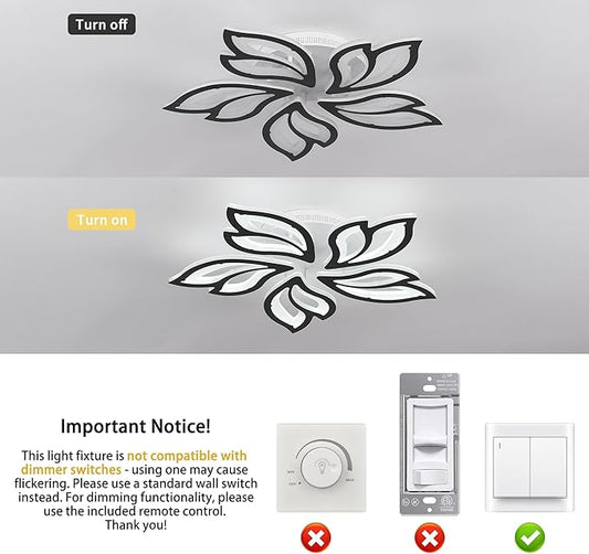 Garwarm LED Ceiling Light Fixture, 60W Modern Leaves Ceiling Lamp Dimmable Black Flush Mount Ceiling Chandelier for Living Room Study Room Dining Room Bedroom
