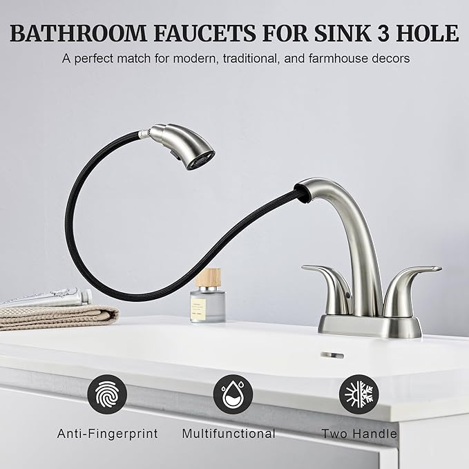 Ultimate Unicorn Brushed Nickel Bathroom Sink Faucet - 4 Inch Centerset Pull Down Vanity Faucets 3 Hole with Pop Up Drain - Two Handle Modern Washbasin Tap Set with Pull Out Sprayer for Rv Restroom