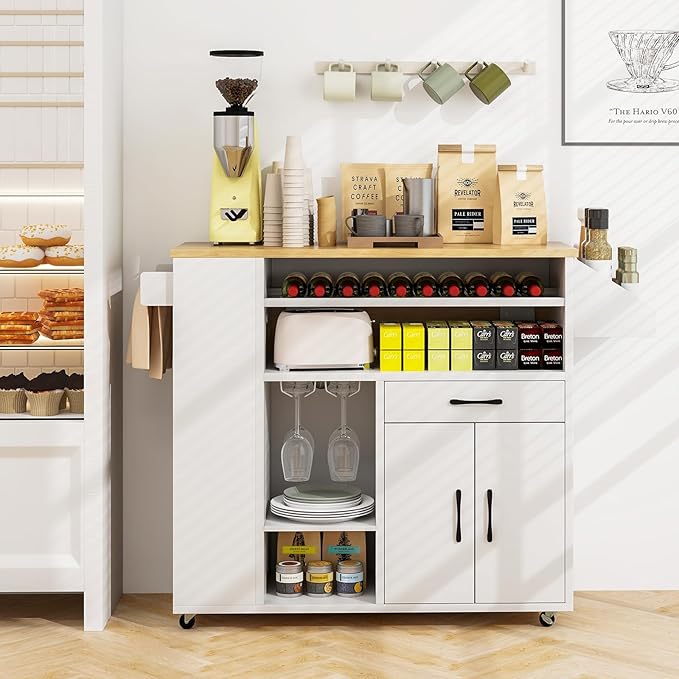 Giantex Rolling Kitchen Island Cart w/Drop Leaf, Power Outlet, Wine Rack, Stemware Rack, Drawer, Spice Rack, Mobile Storage Cart, Island Table on Wheels for Breakfast Dining (White & Natural)