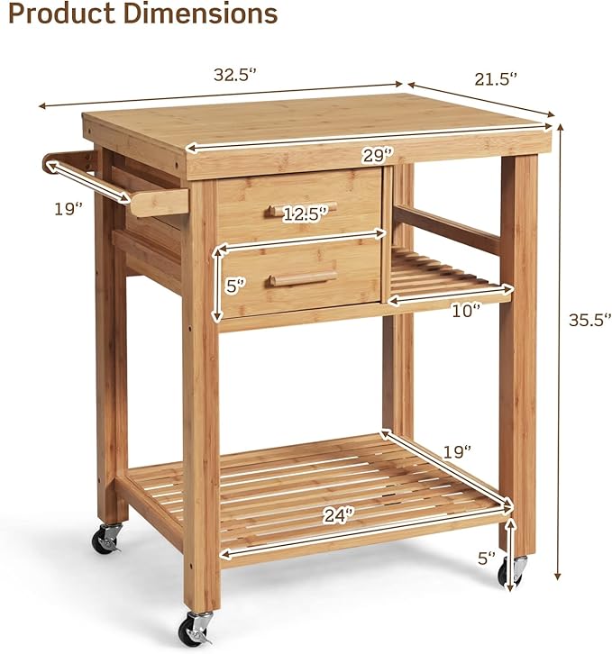 HAPPYGRILL Kitchen Island with Storage, Rolling Kitchen Cart with Shelves and Drawers, Multi-Purpose Bamboo Utility Cart Serving Cart on Lockable Wheels with Towel Rack
