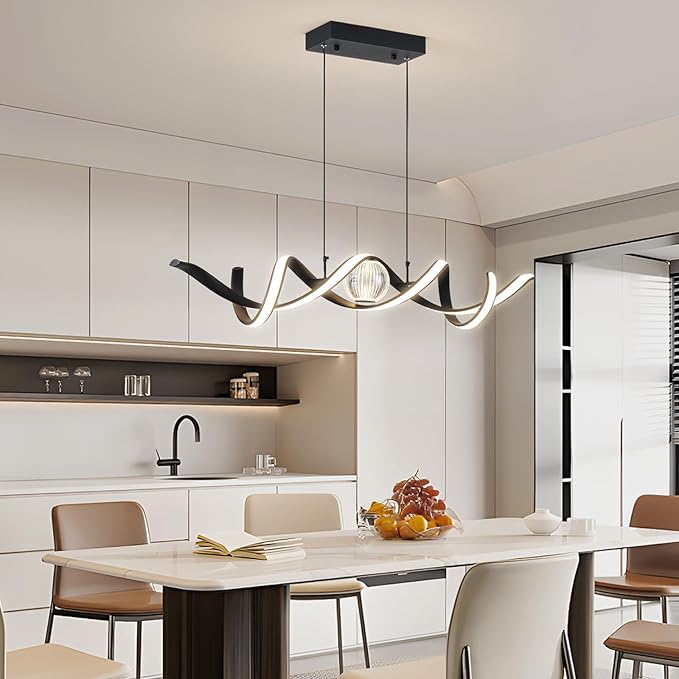 ORANOOR Modern LED Pendant Lights, Dimmable 39'' Spiral Wave LED Chandelier Lighting, Linear Swivel Black Dining Room Hanging Light Fixtures Kitchen Island Pendant Light for Dining Table (2340lm)