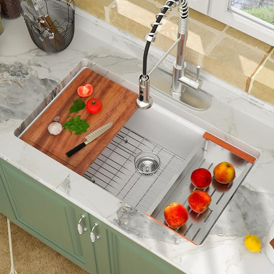 Logmey 33" White Granite Composite Undermount Sink,33x19 All in One Workstation Single Bowl Quartz Sinks,Scratch-resistant,Large Deep Under Counter Sink for Minimalist & Scandinavian Style Kitchen
