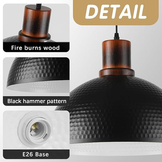 2 Pack Solid Wood Pendant Lights,16" Hammered Metal Black Finish Hanging Lighting Modern Lamp Industrial Dome Ceiling Light Fixtures for Kitchen Island Farmhouse Dining Room