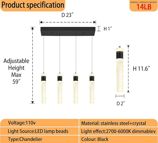 Dimmable 4-Light Pendant Lights Kitchen Island Modern LED Crystal Ceiling Light for Dinning Room Living Room 32W Black