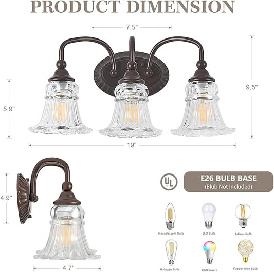 3-Light Bathroom Light Fixtures Vintage Oil Rubbed Bronze Vanity Lights Over Mirror with Floral Glass Shade for Bathroom Powder Room, Living Room Hallway