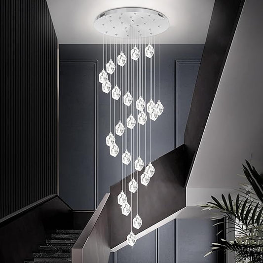 Large Crystal Chandeliers for High Ceiling 135 inches Long Staircase Entrance Chandelier for Foyer Dimmable LED Ceiling Chandelier 26 Light Silver