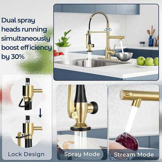 Kitchen Faucets with Pull Down Sprayer Single Handle,Commercial Style Double-Headed Faucet 1/3 Hole with Deck Plate,Brush Gold
