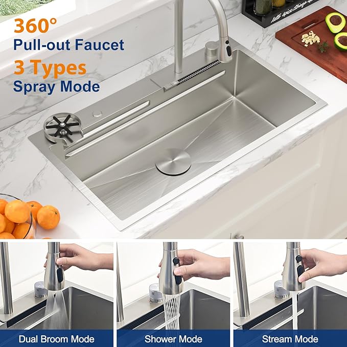 Sarlai Waterfall Kitchen Sink - 33 Inch Drop In Workstation Sink With Waterfall Stainless Steel 16 Gauge Multifunction Single Bowl Smart Top Mount Kitchen Sinks with Mechanical Keys 33x19x9 Inch