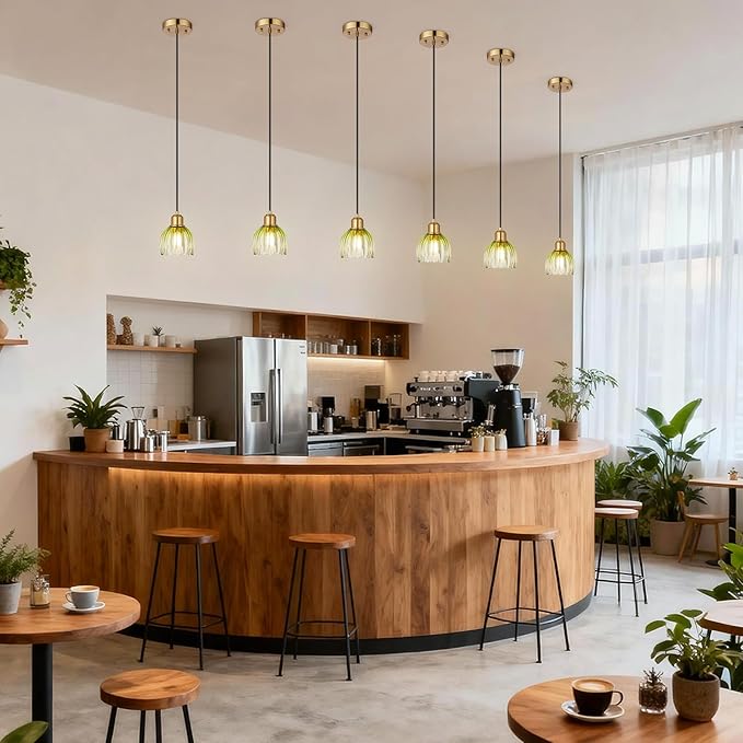 TALOYA Pendant Light with Green Tulip Glass Lampshade, Brass Vintage Pendant Light Adjustable Hanging Light for Kitchen Island Bedroom Dining Room Hallway& Bar