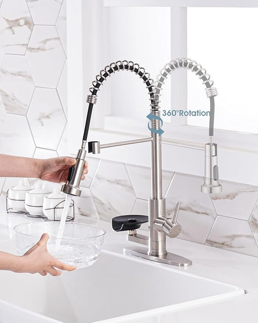 Kitchen Sink Fuacet with Glass Rinser, Single Handle Kitchen Faucet with Pull Down Sparyer, 304 Stainless Steel, Deck Plate, Brushed Nickel