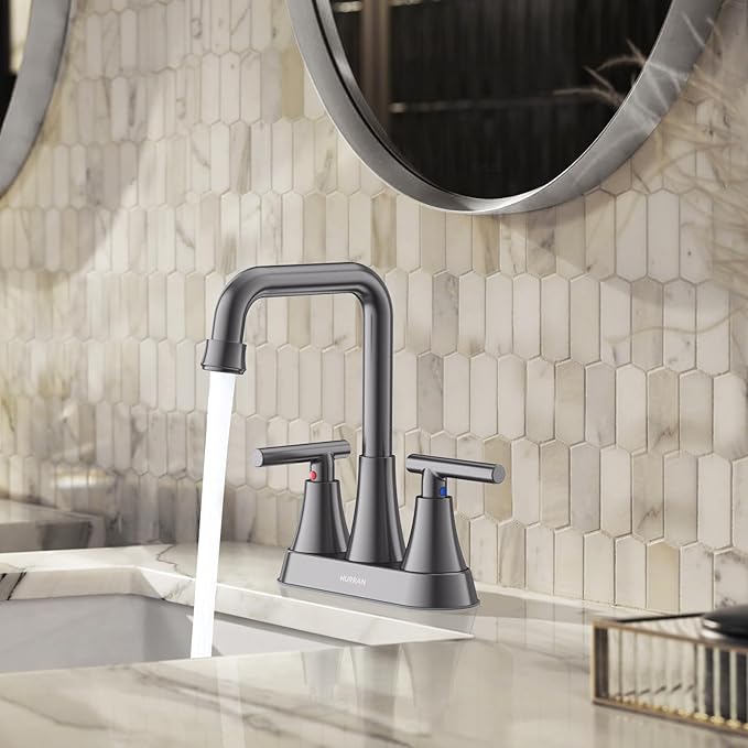 Bathroom Sink Faucet, Hurran Brushed Grey Bathroom Faucets for Sink 3 Hole with Pop-up Drain and Supply Hoses, 360 Swivel Spout 2-Handle Centerset Faucet for Vanity RV Farmhouse
