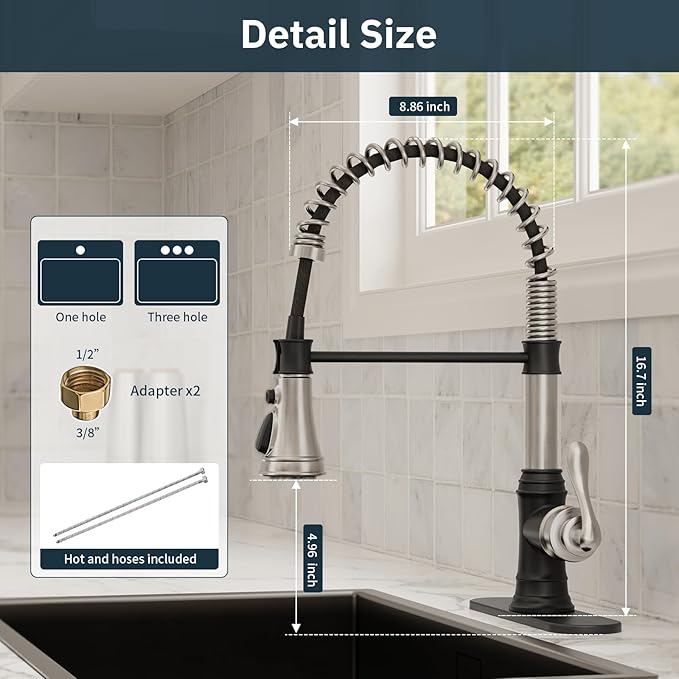 BWE Kitchen Faucet with Pull Down Sprayer, 3 Function High Arc Farmhouse Commercial Bar Sink Faucet, Black and Brushed Nickel Kitchen Sink Faucets