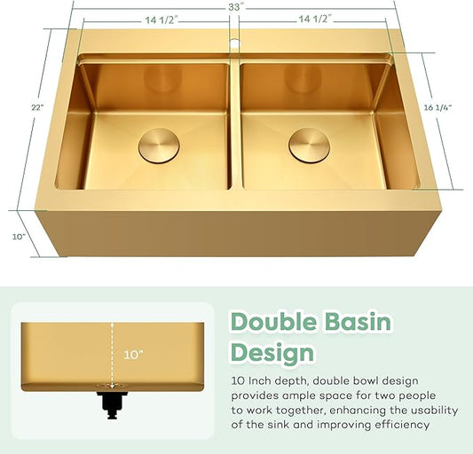 Gold Farmhouse Kitchen Sink 33 x 22 Drop In, 50/50 Double Bowl Farm Sinks, 16 Gauge Stainless Steel Workstation Sink with Ledge & Accessories, 33" x 22" x 10" Large and Deep Double Sinks