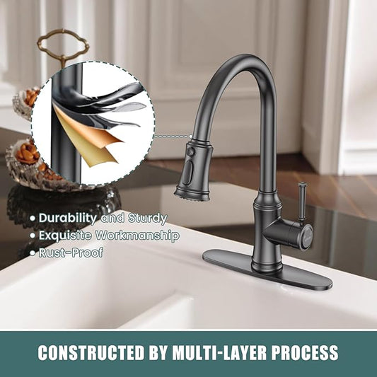 Kitchen Faucet with Pull Down Sprayer, Single Handle High Arc Utility Sink Faucet with Deck Suitable for bar for Kitchen Sink, Laundry Sink, Wet Bar or RV, Brushed Grey