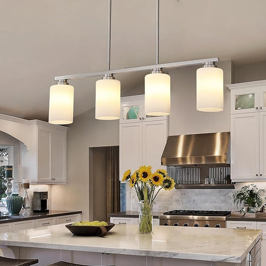 Mecgirn Island Light for Kitchen, Brushed Nickel Dining Room Light Fixture Over Table with Milk Glass Shade, 4-Light Linear Chandelier Pendant Lighting for Dining Table Kitchen Island Living Room