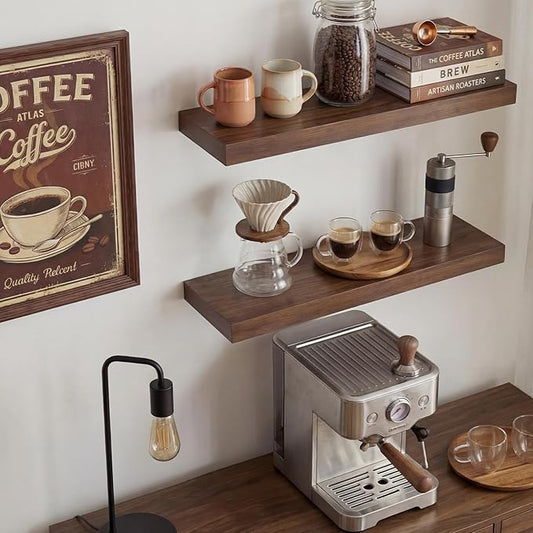 INHABIT UNION Walnut Floating Shelves for Wall, 24 in Wall Mounted Shelves Perfect for Bedroom, Bathroom, Living Room and Kitchen Decoration Storage(Set of 2)