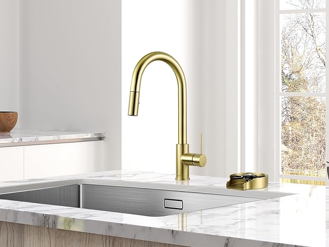 AguaStella AS60CB Brushed Gold Softly Kitchen Sink Faucet with Pull Down Sprayer Single Handle