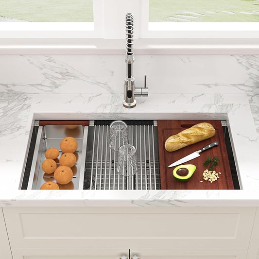 33 Undermount Double Kitchen Sink - Sarlai 33 Inch Kitchen Sink Stainless Steel 16 Gauge Undermount Ledge Workstation Double Basin 50/50 Low Divide Under Counter Sinks Basin